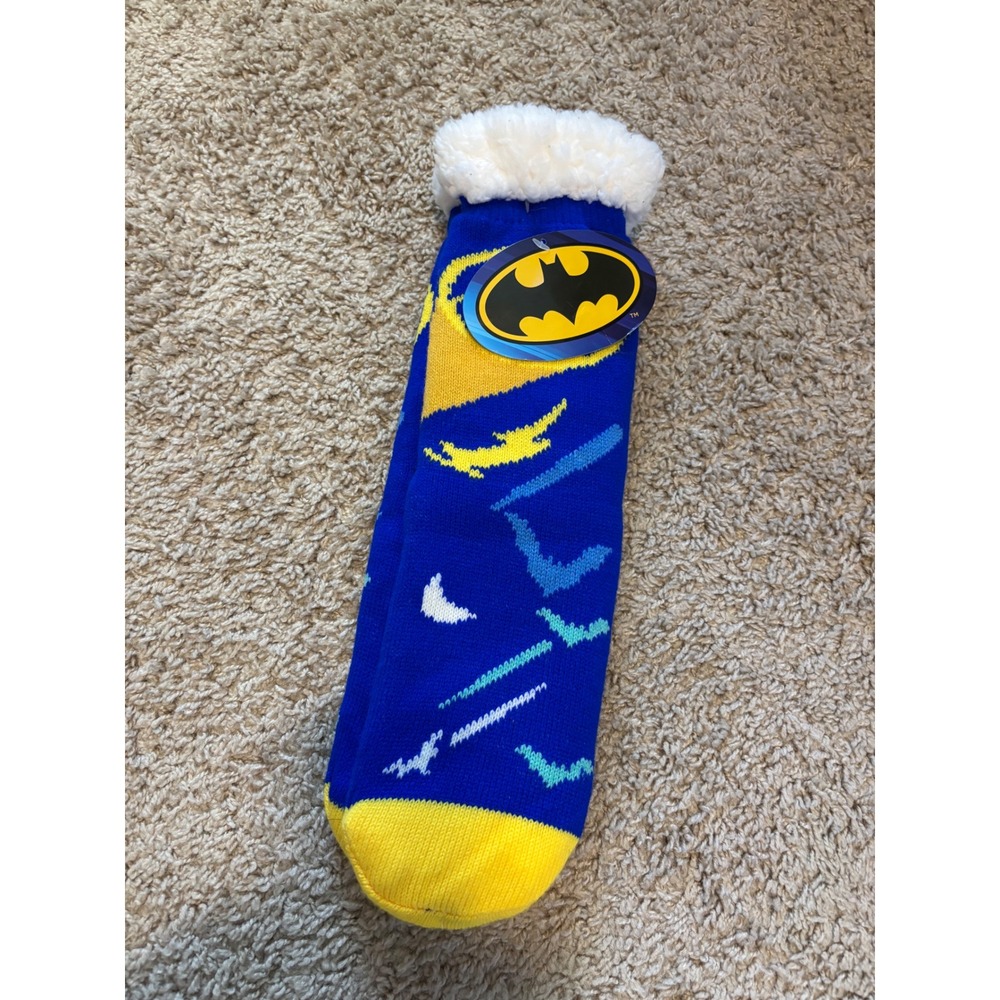Batman Sherpa Lined Slipper Socks Blue Yellow Non-Slip Gripper OSFM DC Comics